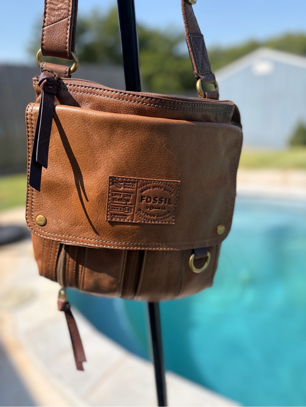 Fossil Tan/Brown Leather Messenger Crossbody Bag